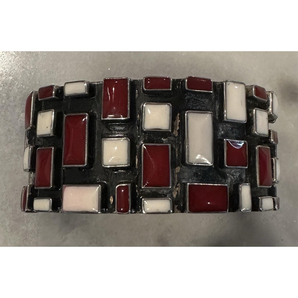 Vintage ALPACA Silver Mosaic -Signed Mexico- Southwest Cuff Bracelet 1.25" Wide